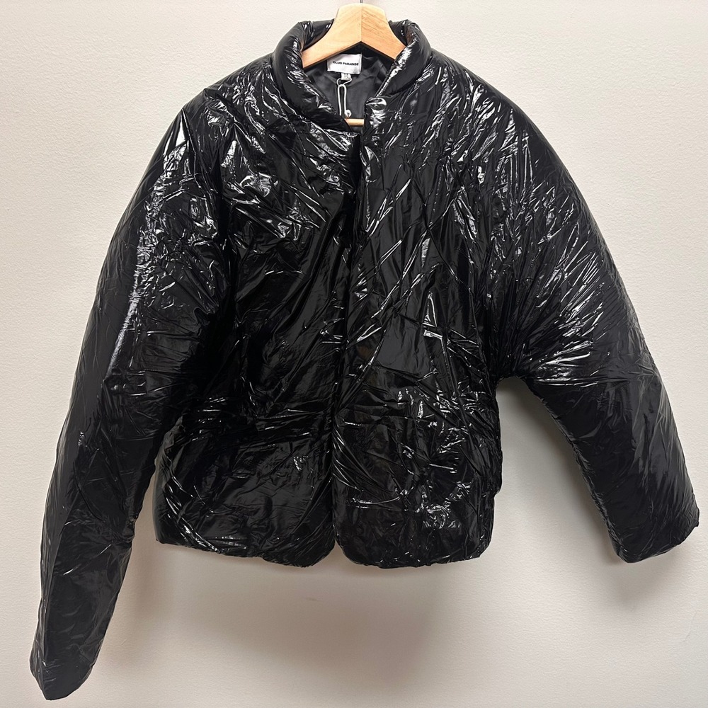 Club Paradise‎ Black Shiny Puffer Jacket Womens Medium Nylon Open Coat NWT